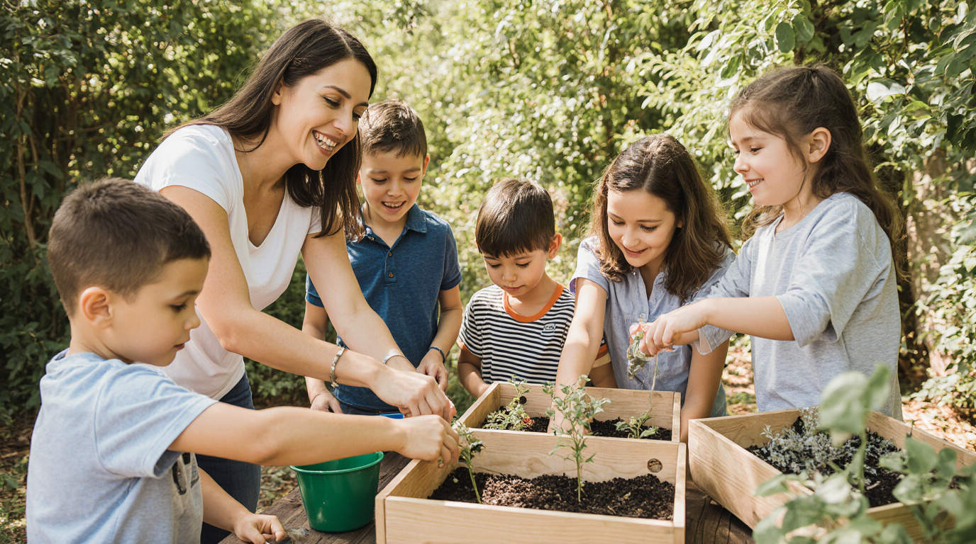 Children plant vegetables together in the Kita garden, playfully learning about sustainability